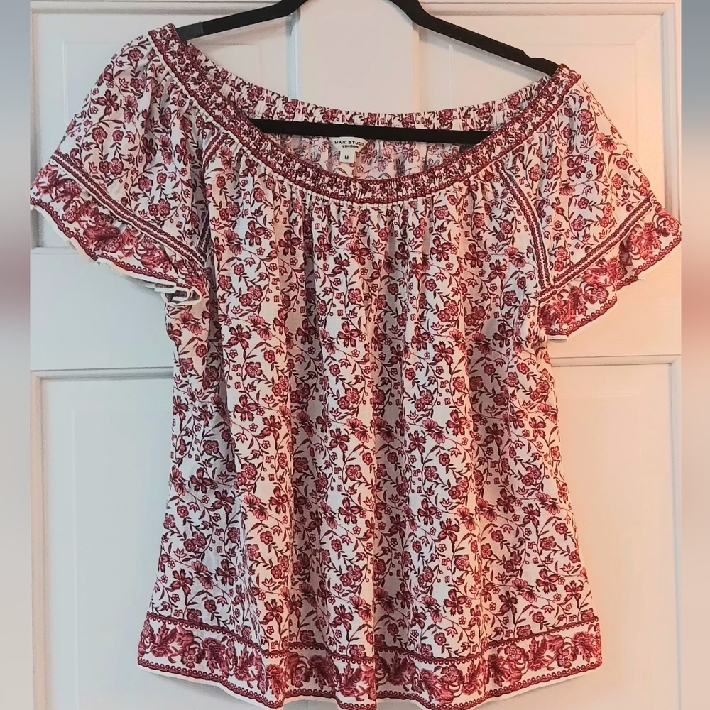 Bohemian, Cottagecore Max Studio Scarlet Floral Top With Flutter Ruffle Sleeves